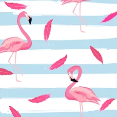 Wallpaper murals Flamingo Flamingo and pink feathers with stripes seamless pattern background. Tropical poster design. Summer and holidays background. Wallpaper, invitation card, textile print vector illustration design