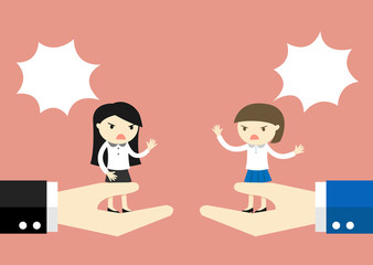 Business concept, Two business woman are arguing while standing on the big hand. Vector illustration.