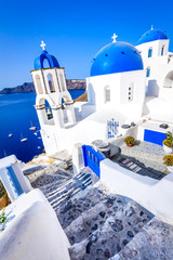 Oia, Santorini, Greece - Blue church Aegean Sea - obrazy, fototapety, plakaty