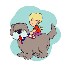 Illustration of a Little Girl Sitting on the Back of Her Dog