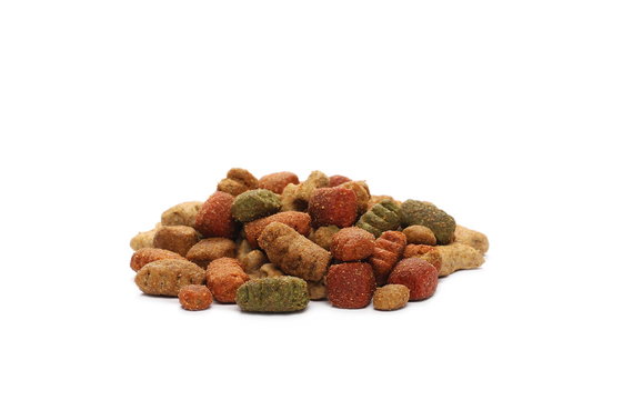 Dry colorful dog food isolated on white background