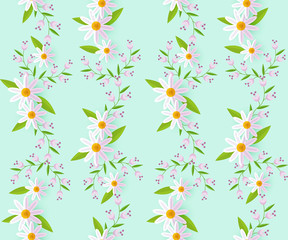 vector easter holiday seamless pattern with spring festive elements - daisy flowers with leaves for your design. Flat style illustration on green background