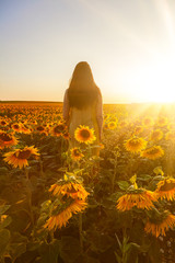 Frau zwischen Sonnenblumen bei Sonnenuntergang
