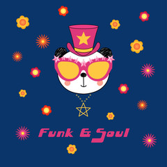 Hand drawn vector portrait of a cute funny cartoon panda in funky hat and glasses, with typography. Isolated objects. Vector illustration. Design concept for children.