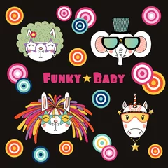 Poster Set of hand drawn portraits of cute funny cartoon animals in funky hats and glasses, with typography. Isolated objects. Vector illustration. Design concept for children. © Maria Skrigan
