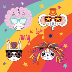 Set of hand drawn portraits of cute funny cartoon animals in funky hats and glasses, with typography. Isolated objects. Vector illustration. Design concept for children.