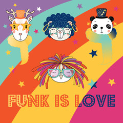 Set of hand drawn portraits of cute funny cartoon animals in funky hats and glasses, with typography. Isolated objects. Vector illustration. Design concept for children.