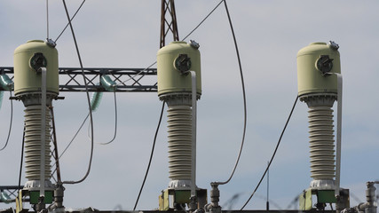 Aerial view Power plant, transformation station, cables and wires. Electrical power transformer in...