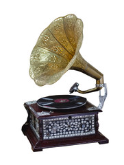 gramophone, ancient record player with a yellow pipe
