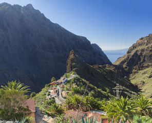 Canary Island, Tenerife  view on pitoresque Masca village with old stone houses, palm tees, beatiful green sharp hills, cliff, sea horizon and blue sky background