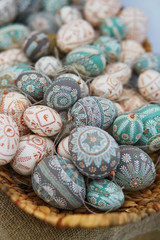 Fototapeta na wymiar Colorful Easter eggs sold on Easter fair in Vilnius, Lithuania. Traditional Lithuanian spring fair