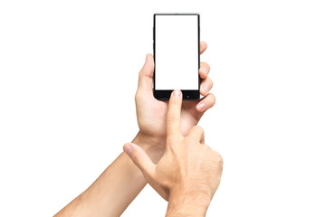 Obraz na płótnie Canvas Mockup of male hand holding frameless cellphone and swiping blank white screen isolated at white background.