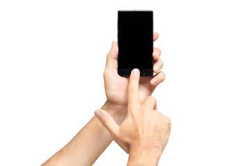 Mockup of male hand holding frameless cellphone and swiping black screen isolated at white background.