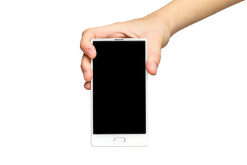 Mockup of female hand holding white frameless cell phone with black screen isolated at white background.