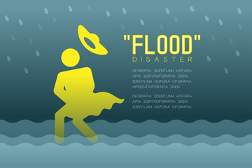 Flood Disaster of woman icons pictogram with floppy hat design infographic illustration isolated on dark gradient background, with Flood Disaster text and copy space