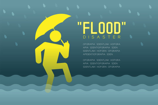 Flood Disaster of man icons pictogram with umbrella design infographic illustration isolated on dark gradient background, with Flood Disaster text and copy space