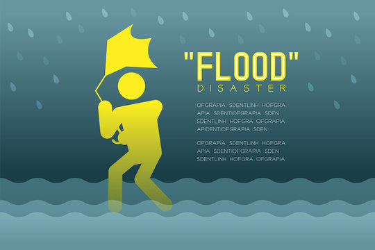 Flood Disaster of man icons pictogram with broken umbrella design infographic illustration isolated on dark gradient background, with Flood Disaster text and copy space