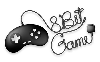 Gamepad or joypad black color and 8 bit Game text made from cable design illustration isolated on white background, with copy space
