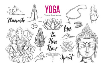 Yoga set. Vector Isolated hand drawn objects. Spiritual Symbols of Buddhism, Hinduism. Tattoo design , yoga logo, boho print, poster. Inspirational calligraphy, lettering - obrazy, fototapety, plakaty
