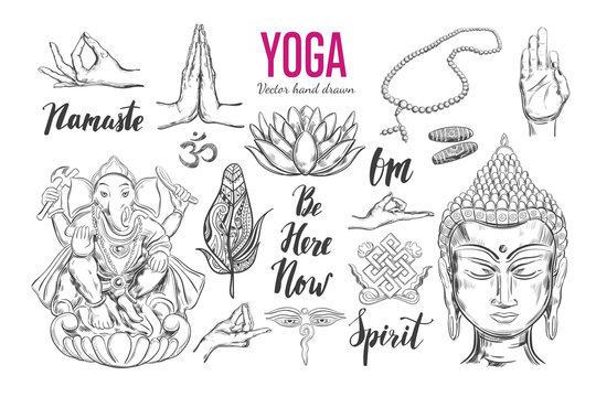 Yoga set. Vector Isolated hand drawn objects. Spiritual Symbols of Buddhism, Hinduism. Tattoo design , yoga logo, boho print, poster. Inspirational calligraphy, lettering
