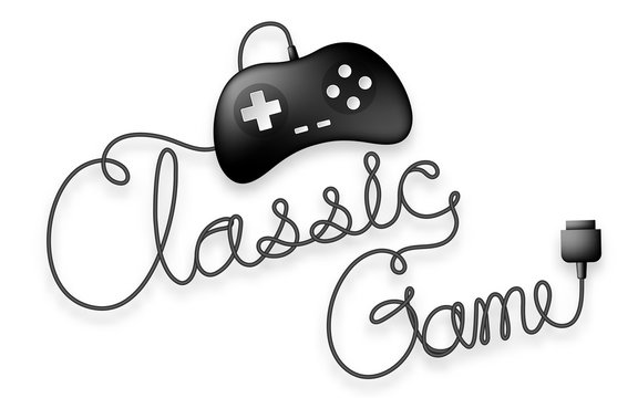 Gamepad or joypad black color and Classic Game text made from cable design illustration isolated on white background, with copy space