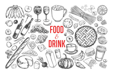 Food and Drink vector big set. Isolated objects in sketch style.