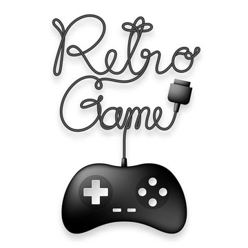 Gamepad or joypad black color and Retro Game text made from cable design illustration isolated on white background, with copy space