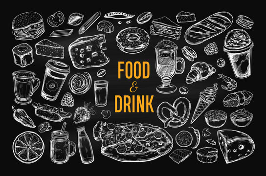 Food and Drink vector big set on Chalkboard. Isolated objects in sketch style.