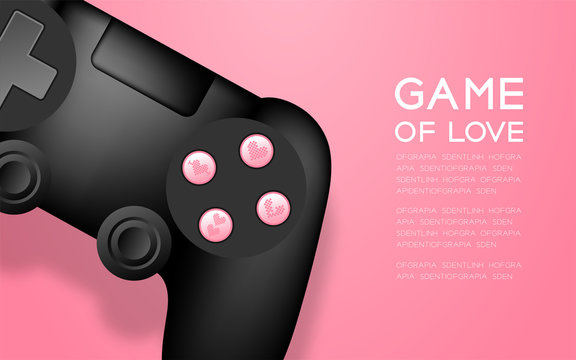 Gamepad or joypad black color with button heart symbol, Game of love concept design illustration isolated on pink gradient background, with copy space