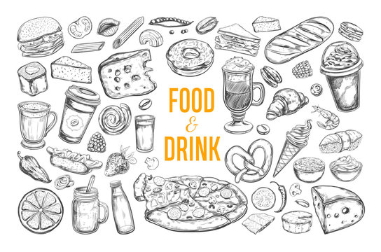 Food and Drink vector big set. Isolated objects in sketch style.