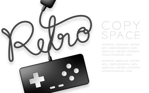 Gamepad or joypad black color and Retro text made from cable design illustration isolated on white background, with copy space