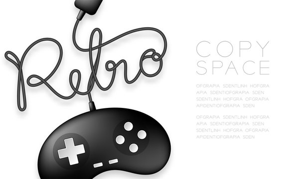 Gamepad or joypad black color and Retro text made from cable design illustration isolated on white background, with copy space