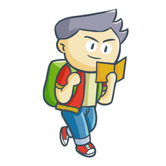 Cool and cute college student walking and reading - vector.