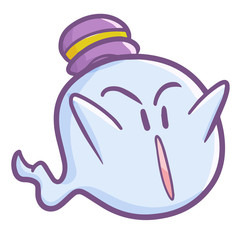 Funny and scary cute purple ghost wearing hat and flying - vector.