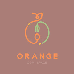 Orange fruit with spoon and fork logo icon outline stroke set design illustration isolated on pink background with Orange text and copy space, vector eps10