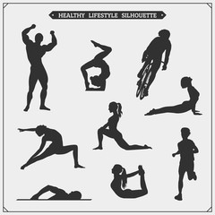 Vector set of sport players silhouettes. Healthy sport.