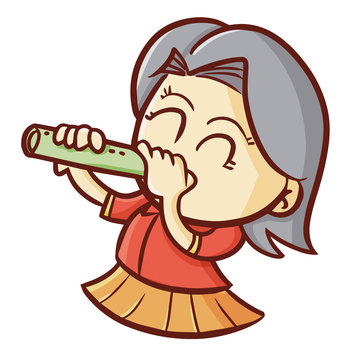 Cute and funny little girl playing flute - vector.