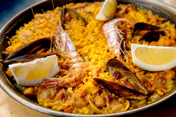 Prawn with rice - closeup of prawn with rice - traditionnal spanish food paella