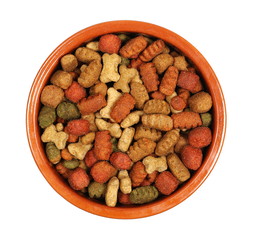 Dry colorful dog food in porcelain bowl isolated on white background, top view