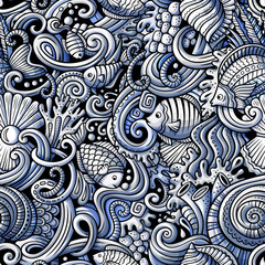 Cartoon doodles under water life seamless pattern