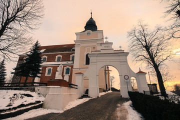 Benedictine abbey in Mogilno, Poland in beautiful winter scenery