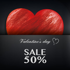 Valentine's Day sale banner. Hand drawn red heart with brush strokes on black background