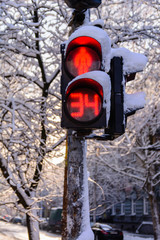 Pedestrian traffic light in a snowy winter city. prohibition or permission of passage
