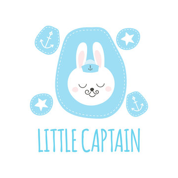 Cute baby pattern with little bunny. Cartoon animal boy print vector. Funny nautical illustration with captain rabbit and anchor patches for children t-shirt, kids birthday party, nursery textile.