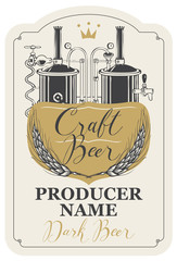 Template beer label with wheat ears, handwritten inscription and image of brewery production line and brewing equipment in figured frame. Vector label for dark craft beer in retro style