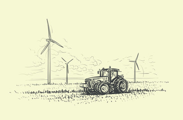 Agricultural landscape hand drawn, tractor and wind turbines illustrated. Vector.