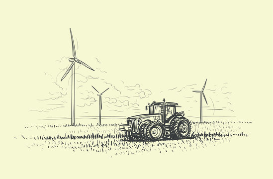 recommend clip art: Agricultural landscape hand drawn, tractor and wind turbines illustrated. Vector.