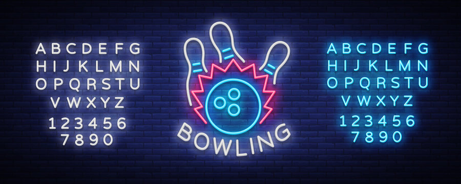 Bowling logo vector. Neon sign, symbol, bright banner advertising bright night bowling, luminous neon billboard. Design template for the Bowling Club logo. Vector illustration. Editing text neon sign