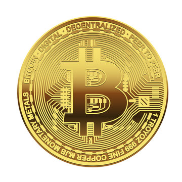 One Golden Bitcoin on white background. Concept cryptocurrency in financial world. Banking business. Vector illustration