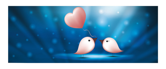 Web banner valentine's day. Romantic illustration with two little birds in love. Greeting. Card decoration. Concept love. Wallpaper. Blue background